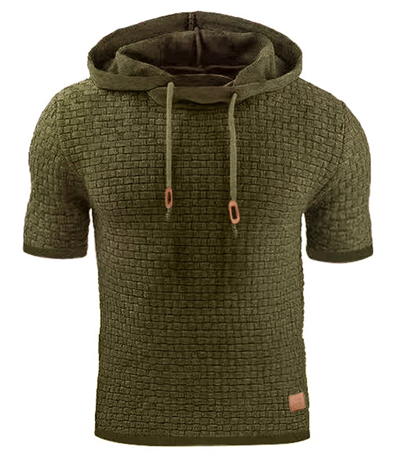 Mens Hooded Sweatshirt Short Sleeve Solid Knitted Hoodie Pullover Sweater