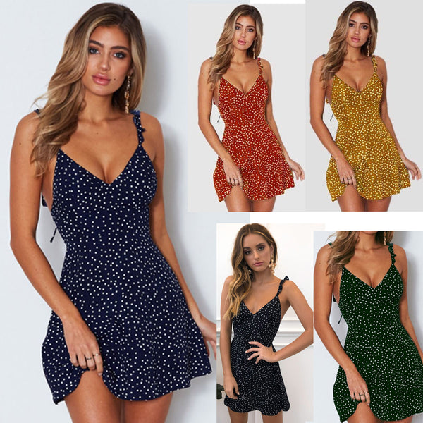 Polka-dot Strappy Dress Women Summer Beach Sundress