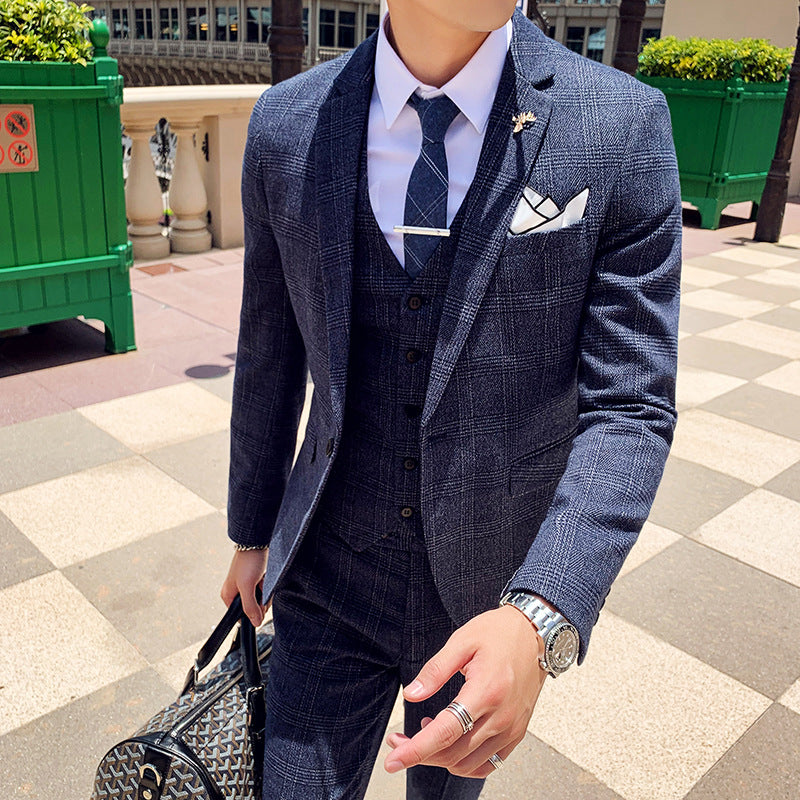 Plaid Korean Style Slim Men's Three-piece Suit