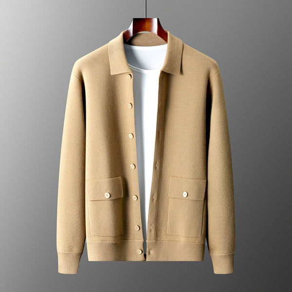 Men's Polo Collar Solid Color Wool Cardigan Winter Coat