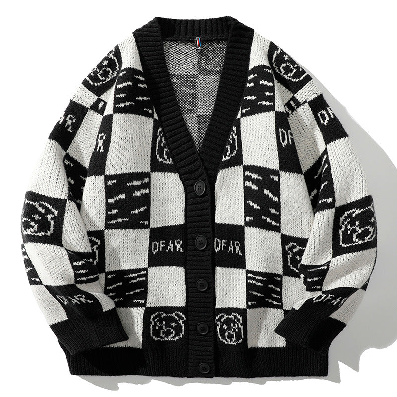 Knitted Cardigan Plaid Sweater Men's