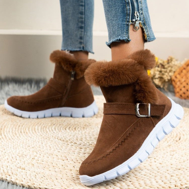 Snow Boots Winter Warm Thickened Plush Ankle Boots With Buckle Design Plus Velvet Flat Shoes For Women