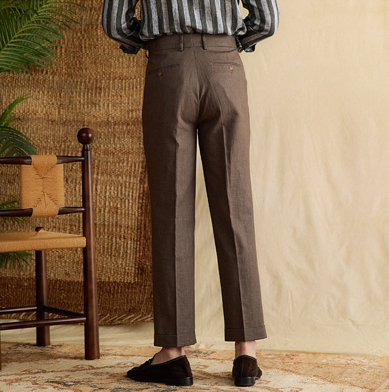 Bergamo Cotton Linen Blend Double Pleated Straight Fit Trousers