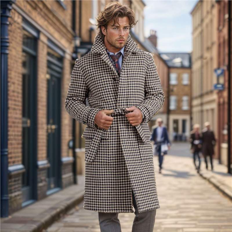 Men's Mid-length Woolen Houndstooth Quilted Coat