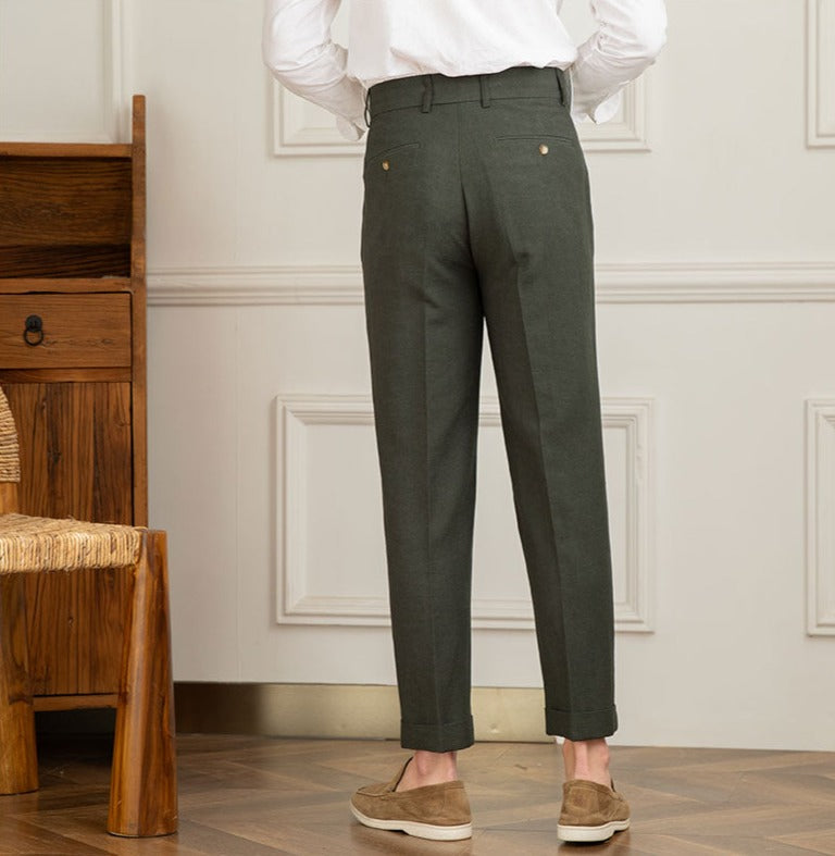 Roma Linen Blend Double Pleated Straight Fit Trousers