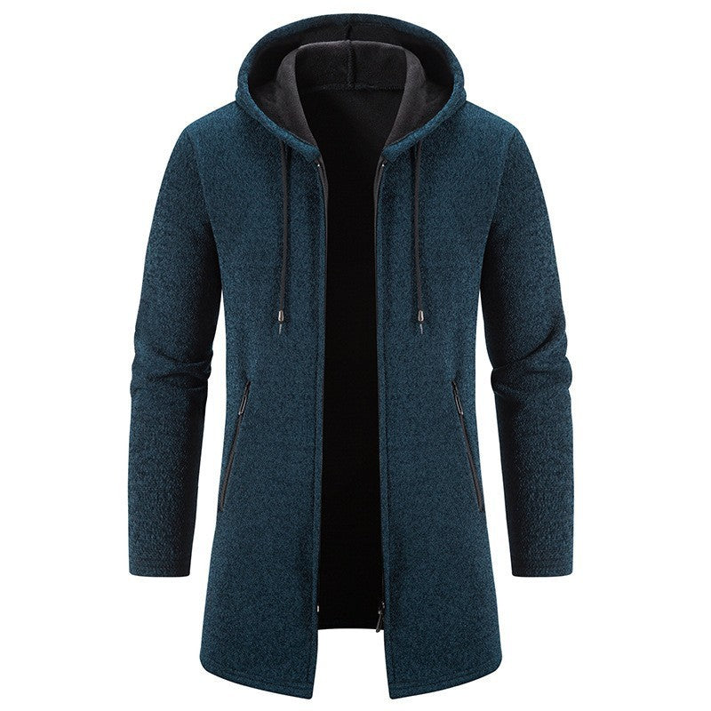 Autumn And Winter Fleece-lined Thickening Solid Color Men's Cardigan Mid-length Hooded Jacket