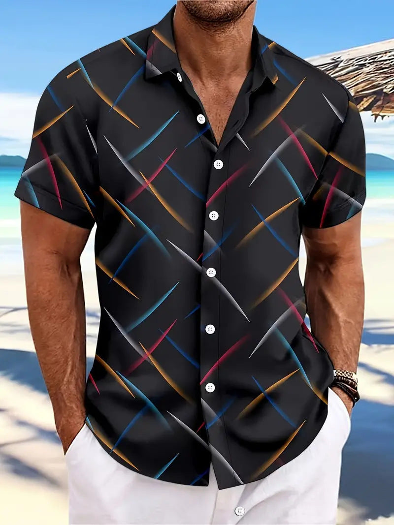 Summer Men's Striped Feather Casual Beach Short Sleeve Button Shirt