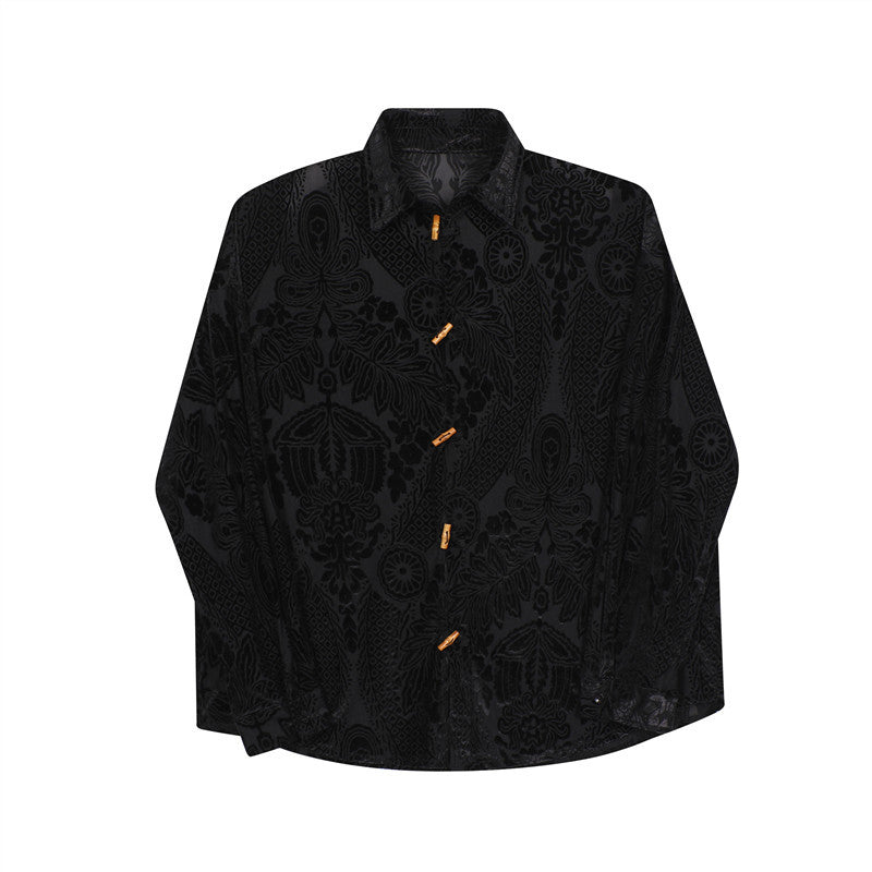 Men's Wooden Cowhorn Button Velvet Jacquard Shirt