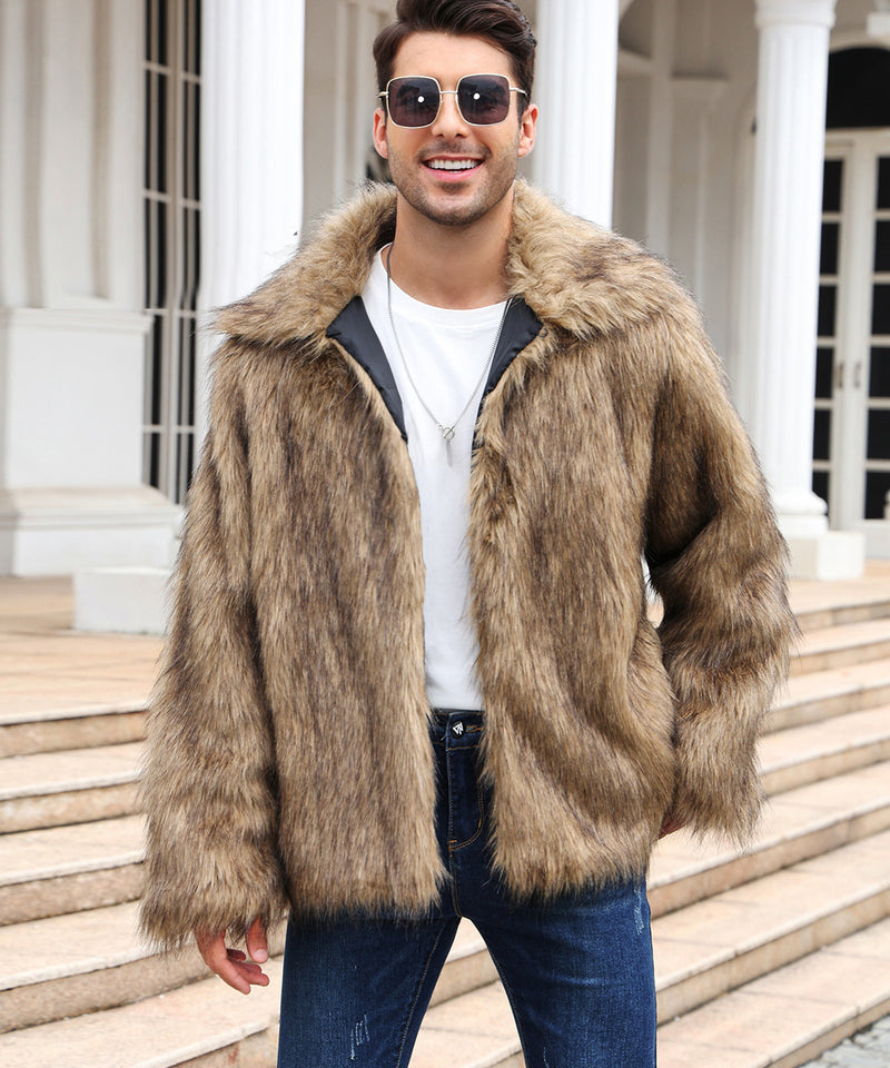 Men's Lapel Short Faux Fur Jacket Warm Overcoat