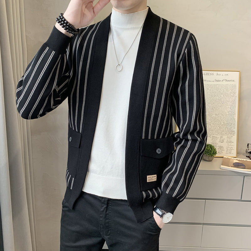 Striped Slim Sweater Casual Knit Cardigan Men's