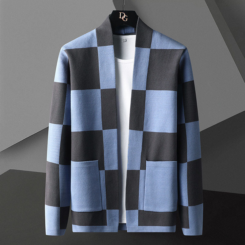 Trendy Plaid Hit Color Men Autumn Knit Sweater