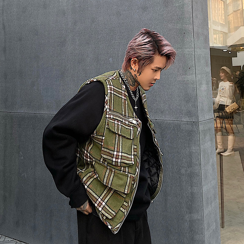 Green plaid hip-hop handsome loose cardigan jacket