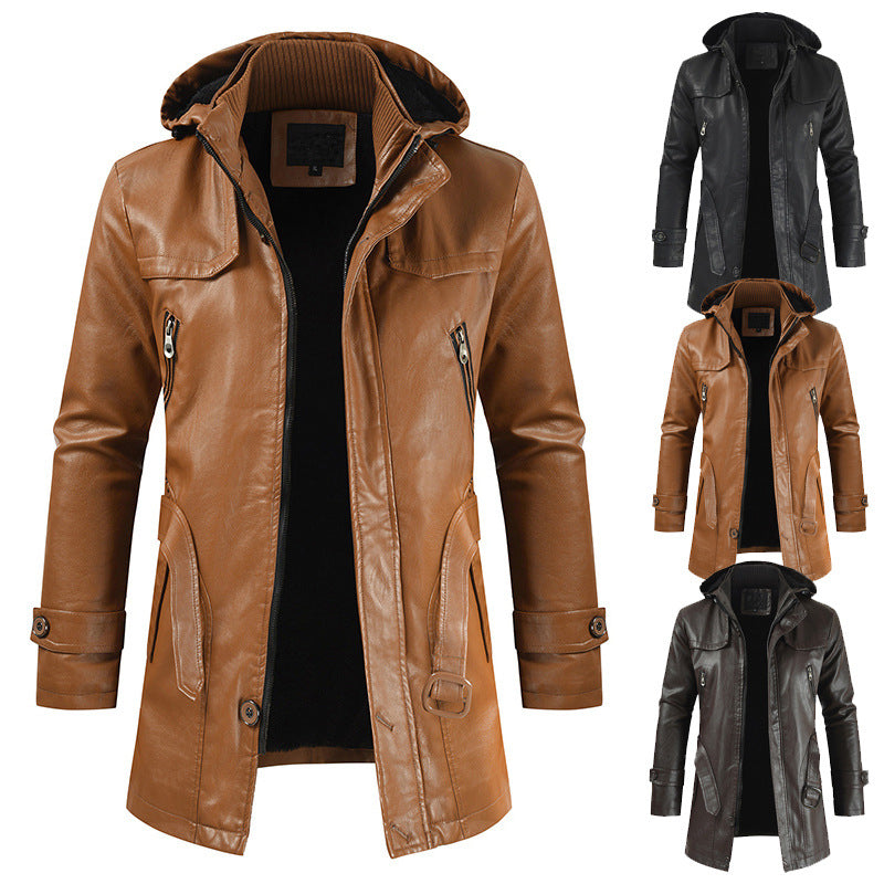 Leather hooded slim coat jacket