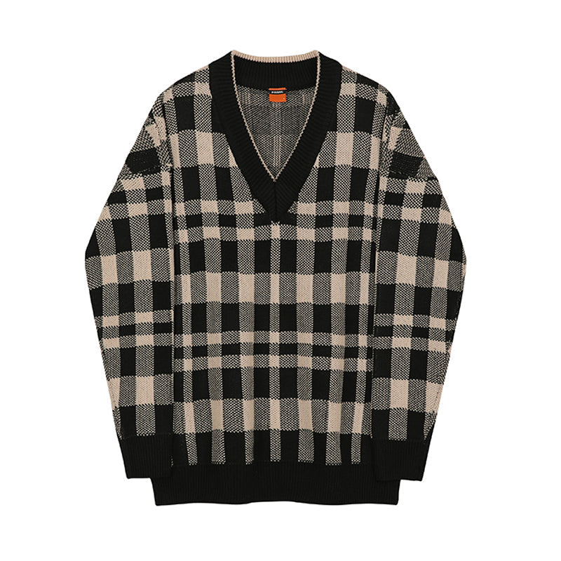 Pull à carreaux col V pour homme