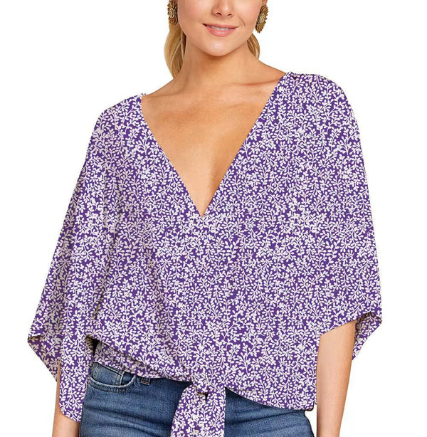 V-Neck Shirt Floral Printed Top Short Sleeve