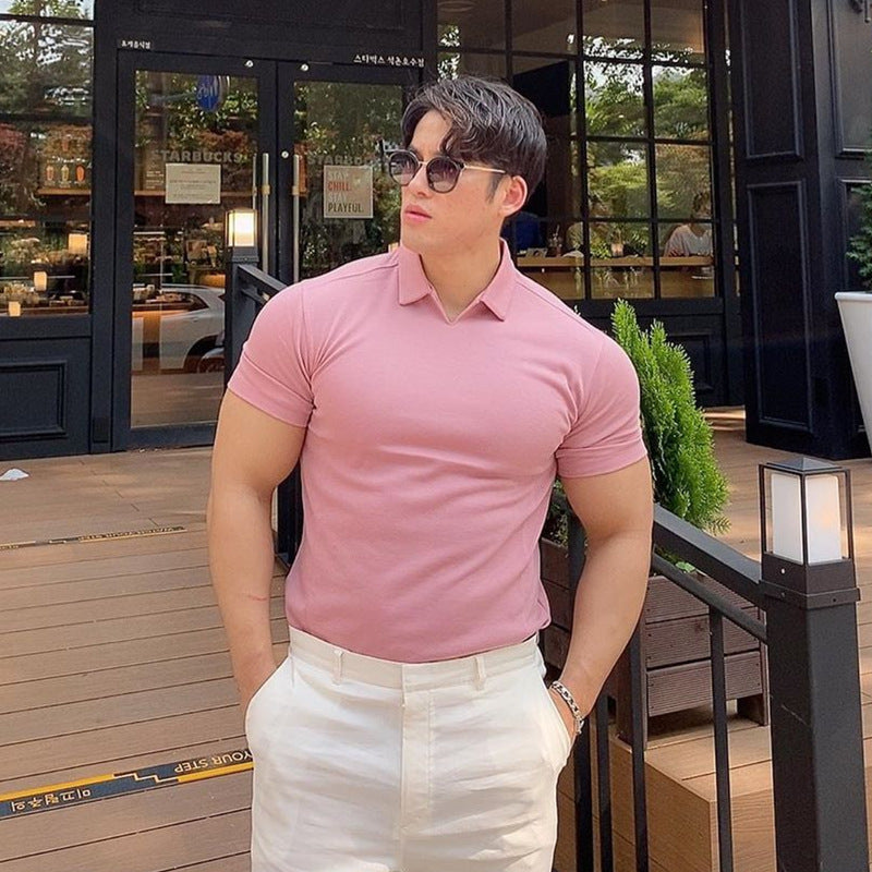 Lapel Solid Color Stretch Slim Fit Short Sleeve Fitness tshirt men