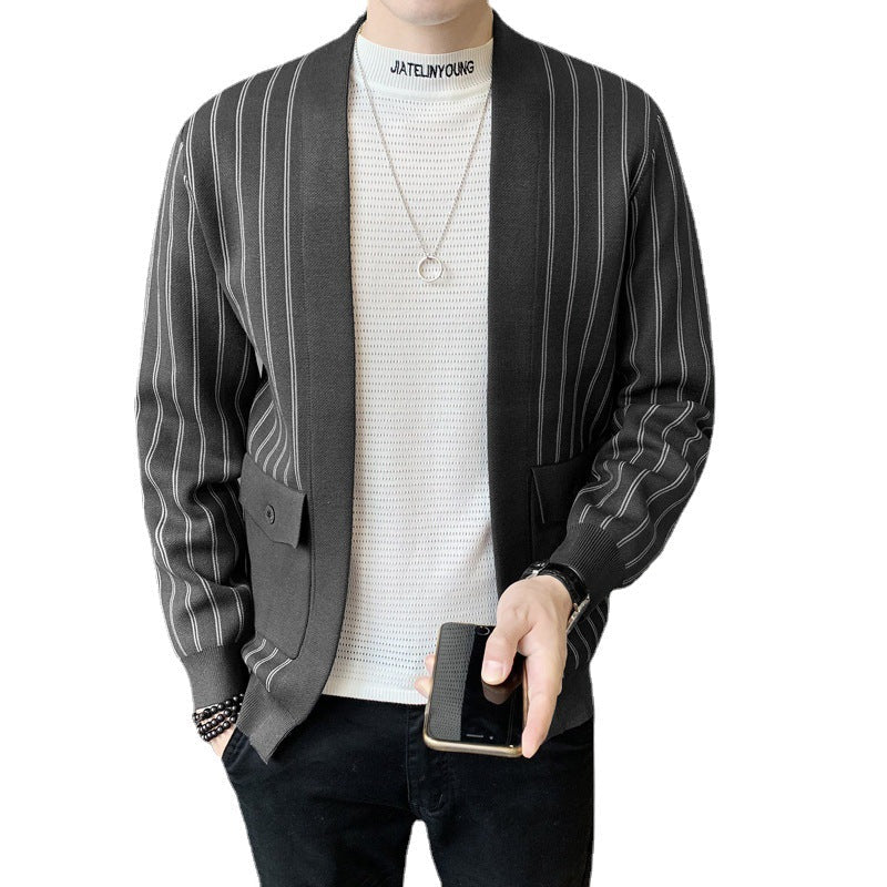 Striped Slim Sweater Casual Knit Cardigan Men's