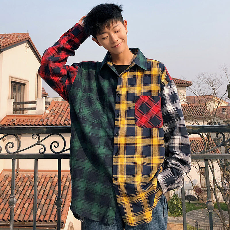 Color-block check long-sleeved shirt