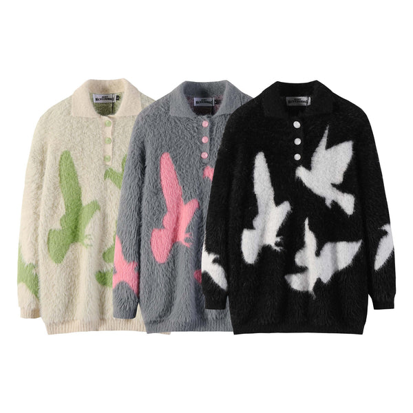 Pigeon Jacquard Furry Lapel Sweater