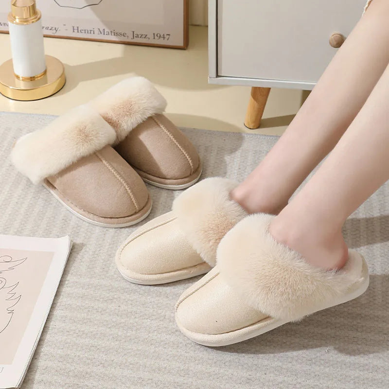 Zapatillas de casa de felpa cálidas de invierno, zapatillas de piel para interior para mujer