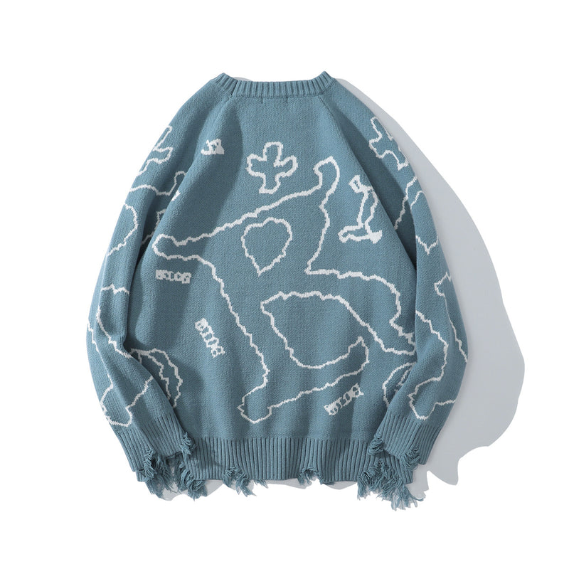 Blue Letter Jacquard Pullover Round Neck Winter sweater