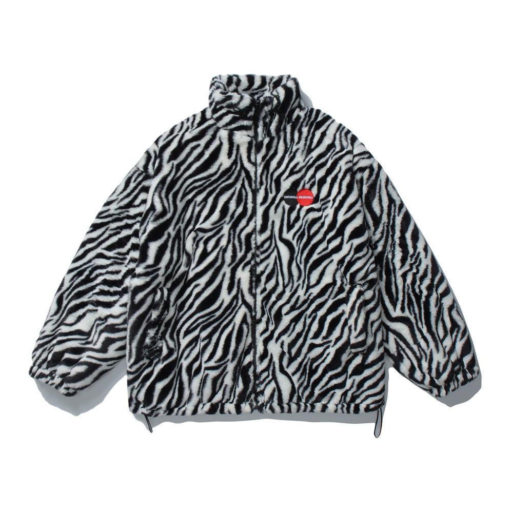 Zebra Print Stand Collar Rabbit Plush Jacket