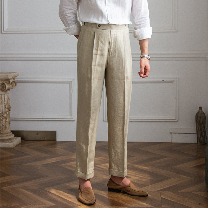 Men's Linen Straight Leg Pants High Waist Trousers