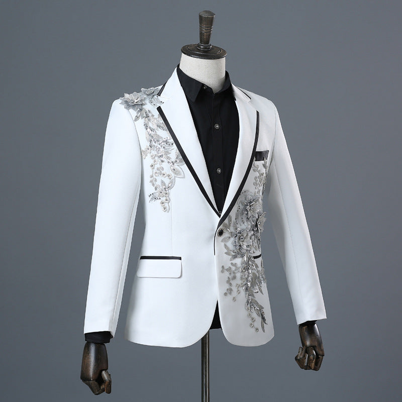 Crystal Embroidery Flowers Stage Singer Suit Jacket Bar Wedding Suit blazer