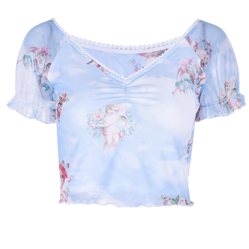 Mesh Angel Print Short Sleeve T-Shirt