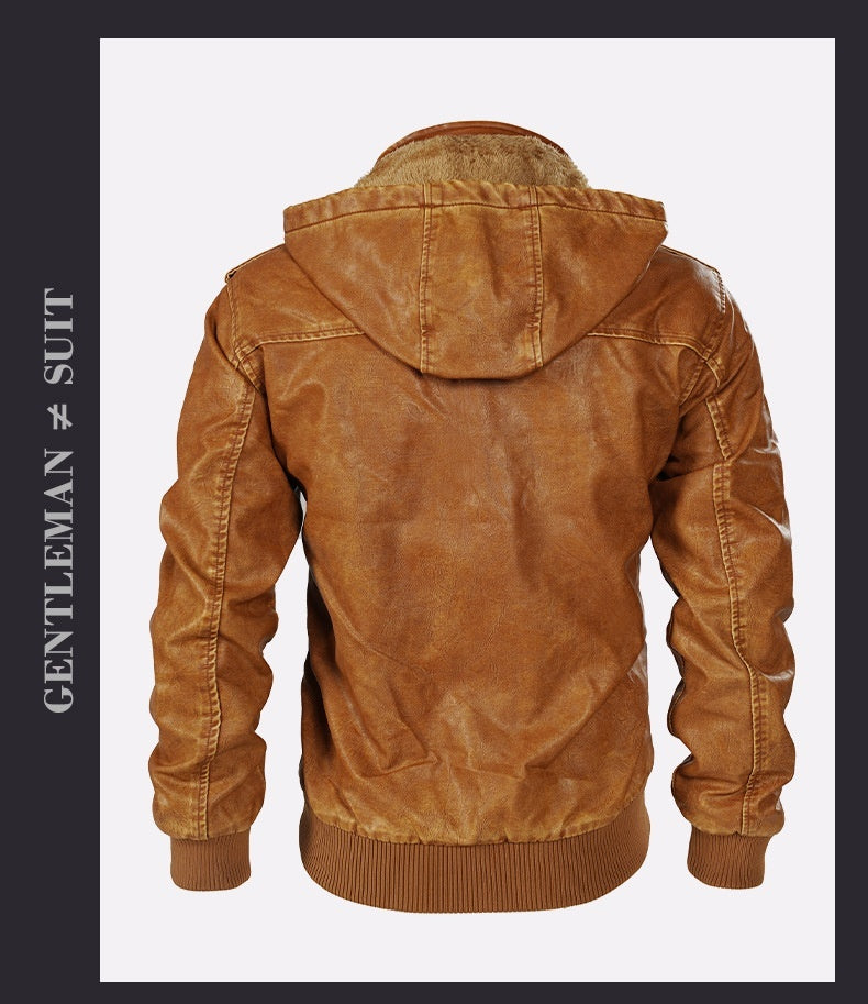 Fleece-lined Men's Autumn And Winter Hooded Leather Jacket