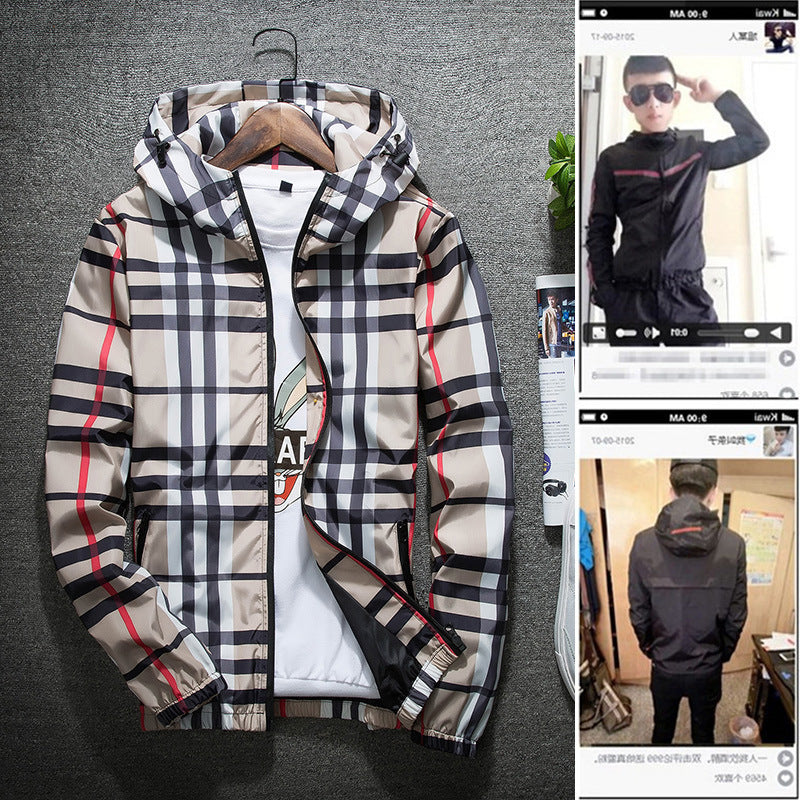 Plaid hooded slim jacket men