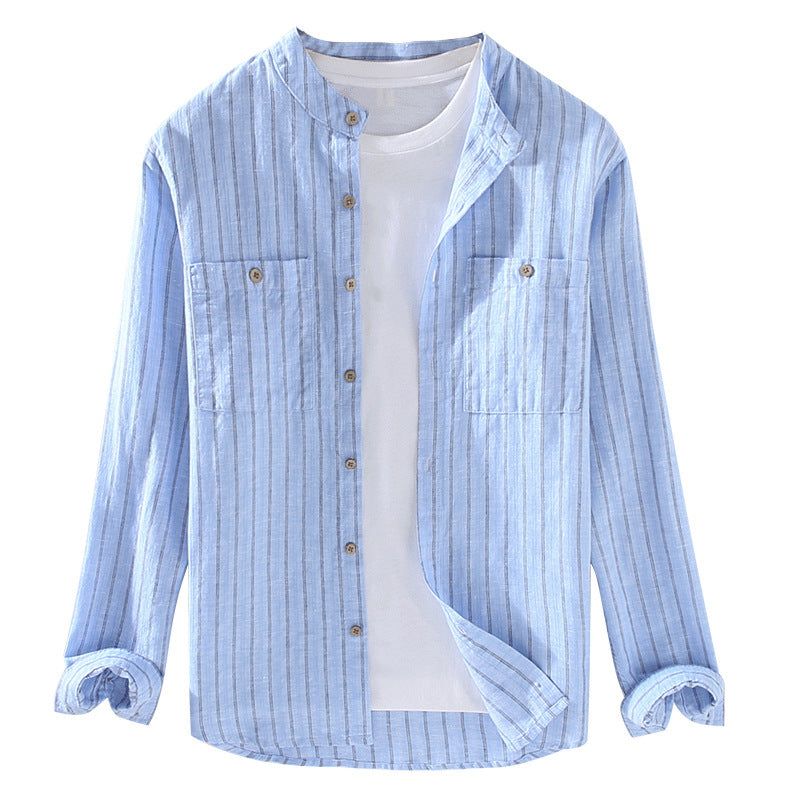 Stripe Double Pocket Stand Collar Casual Cotton Linen Long Sleeve shirt