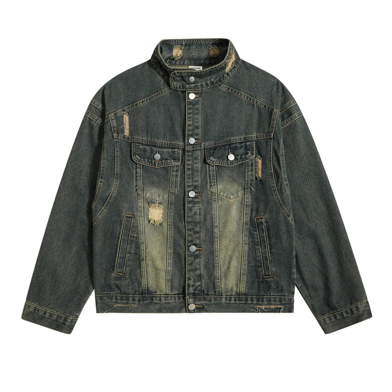 High Street Hole Stand Collar Denim Jacket