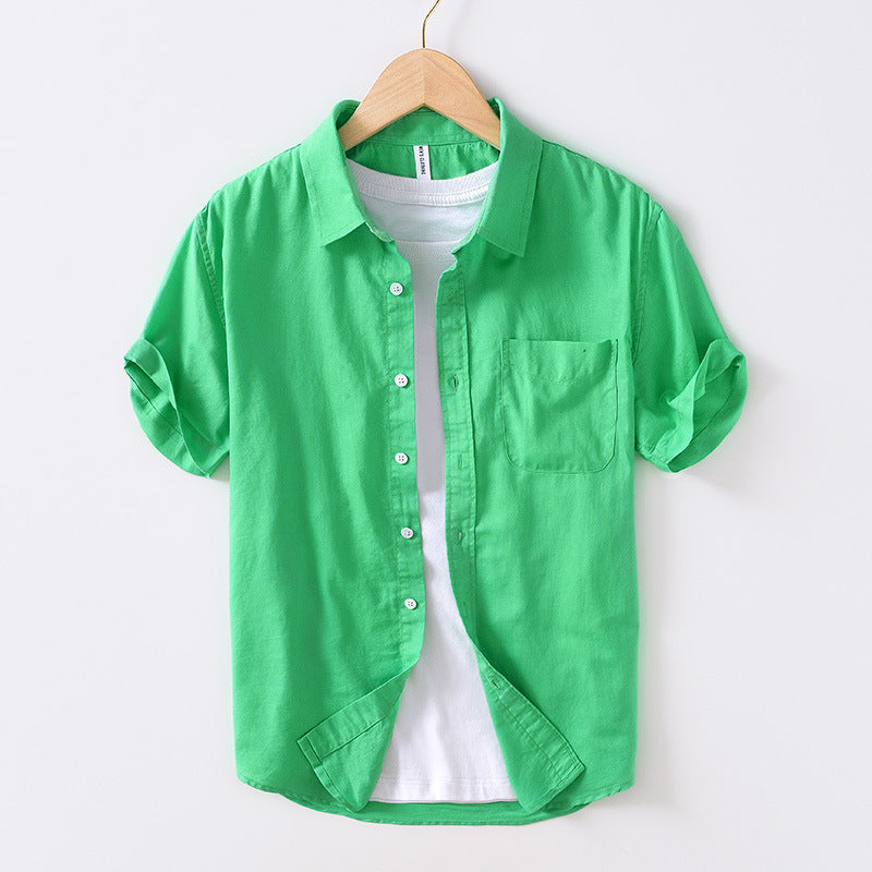 Men's Cotton And Linen Square Collar Casual Short-sleeved Shirt