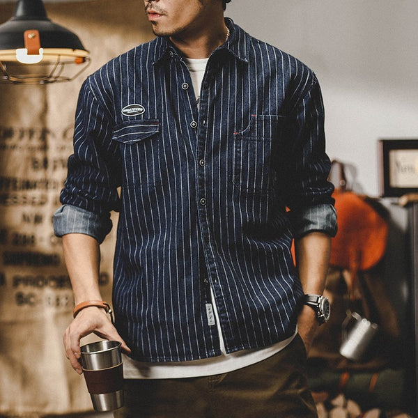 American-style Heavy Striped Denim Shirt