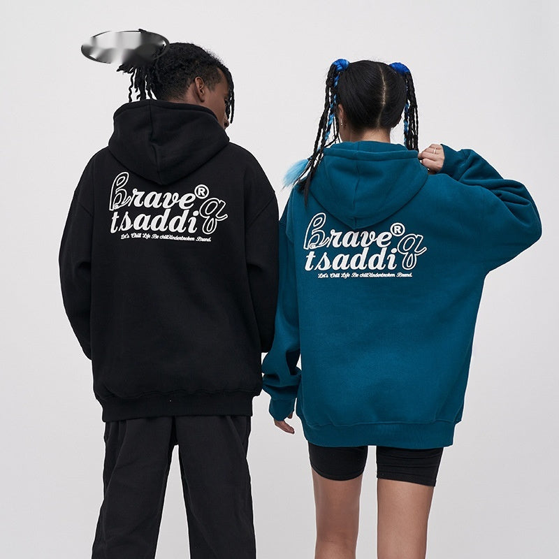 Couple Wear Fleece-lined Pullover Loose Hooded Sweater