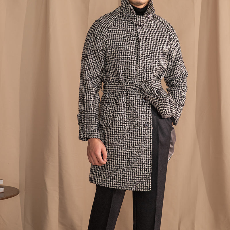 Balmacaan Wool Blend Houndstooth Belted Wrap Coat