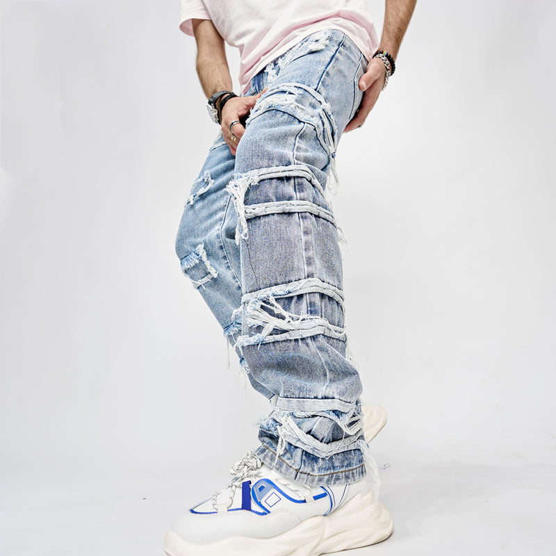 High Street Trousers Men Patched Straight Fit Men's Hip Hop Jeans