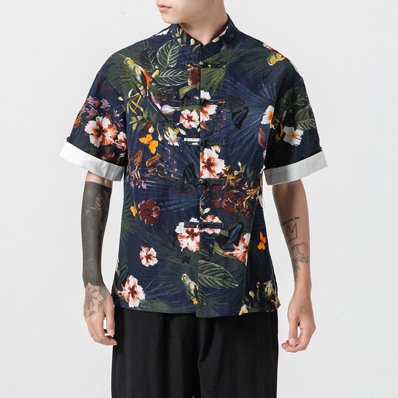 Men's Loose Stand-up Collar Printed Short-sleeved Shirt