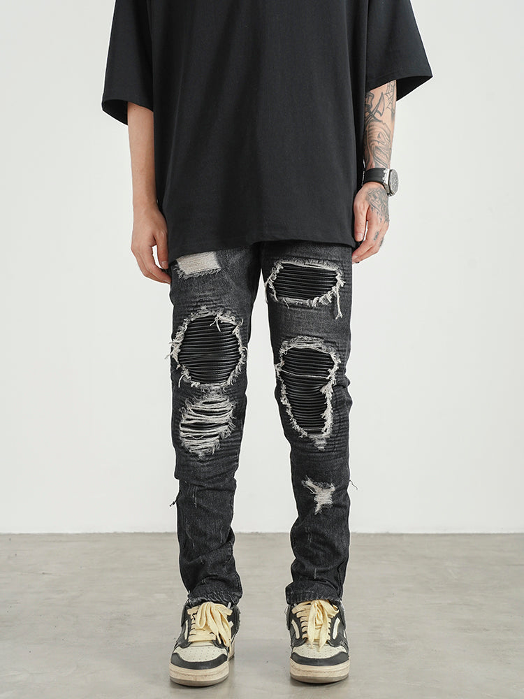 Men Ripped Patch PU And Leather Zipper Jeans