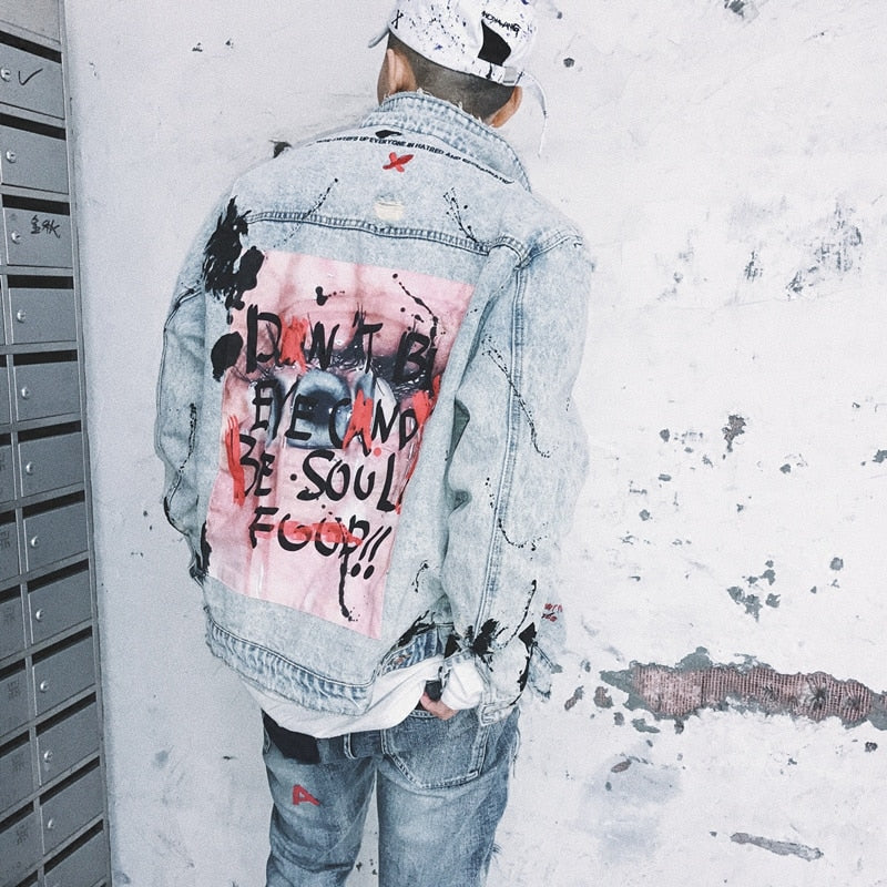 Cartoon graffiti splash print denim jacket