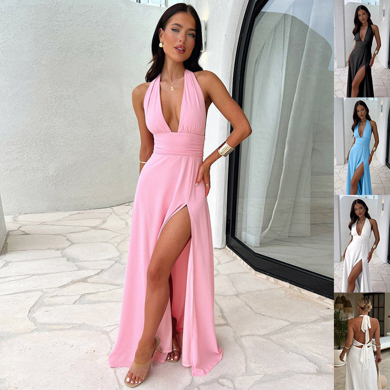 Sexy Halterneck V-neck Slit Dress Summer