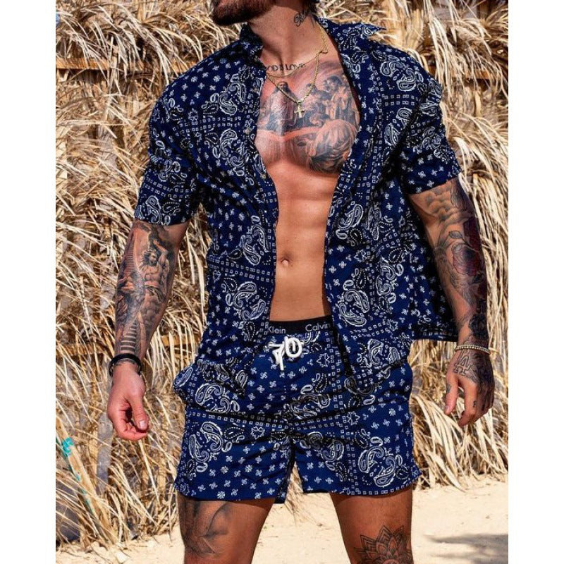 Conjunto de dos piezas de camisa de moda informal de playa hawaiana para hombre