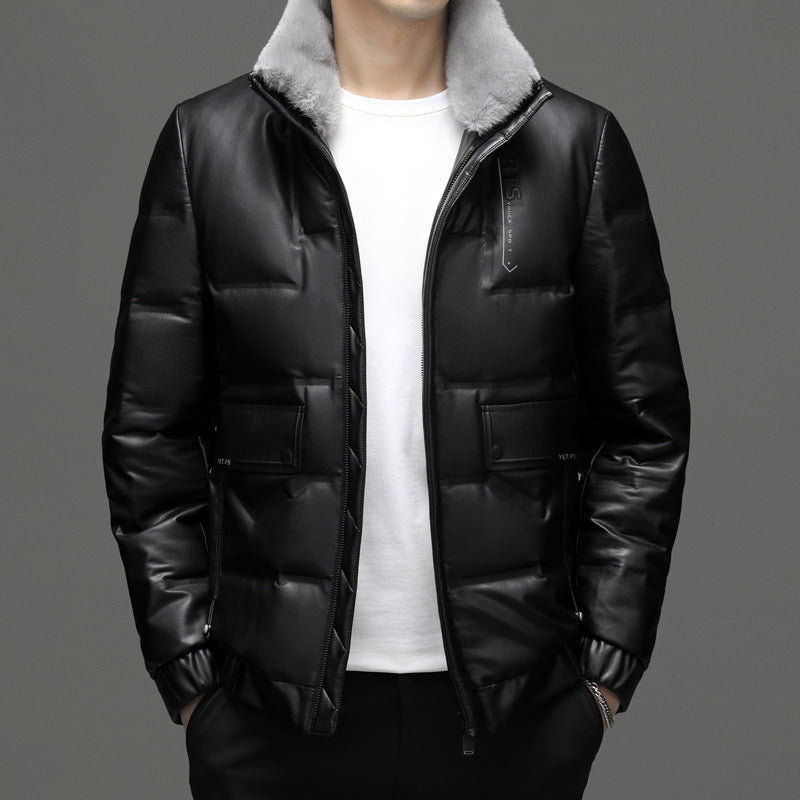 Men's Leather Down Short Fleece Padded Coat