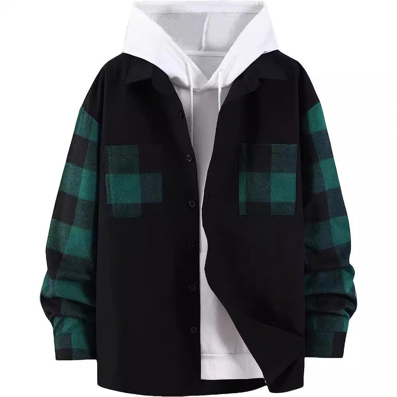 Autumn Plaid Colorblock Long Sleeve Men's Casual Shirt