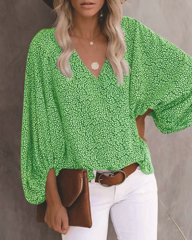 V-Neck Shirt Print Balloon Sleeve Top