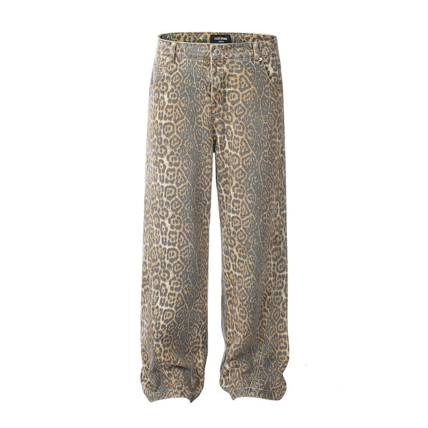Pantalones rectos de pierna ancha holgados informales con lavado con estampado de leopardo