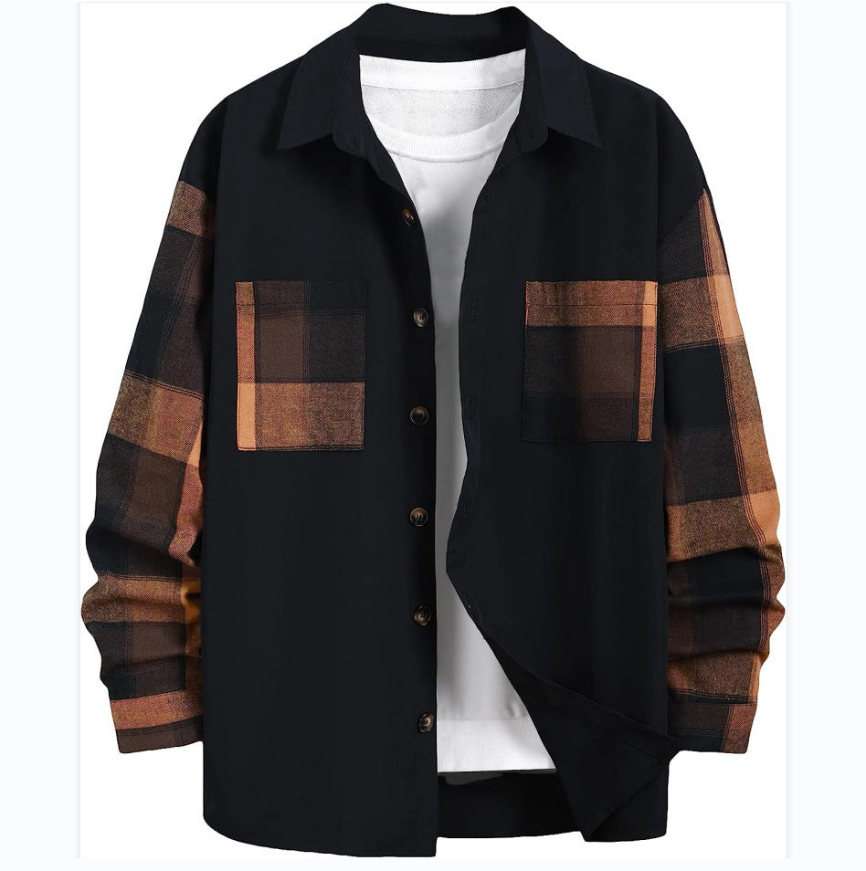 Autumn Plaid Colorblock Long Sleeve Men's Casual Shirt