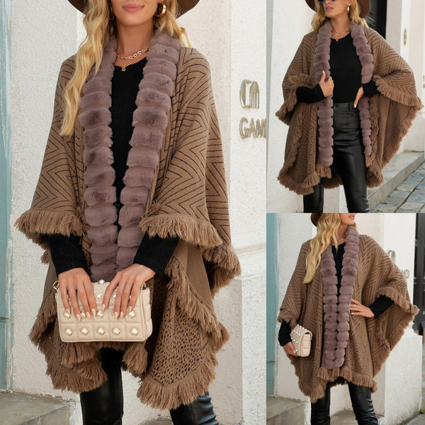 Autumn And Winter Luxury Wool Collar Tassel Shawl Sweater Cloak