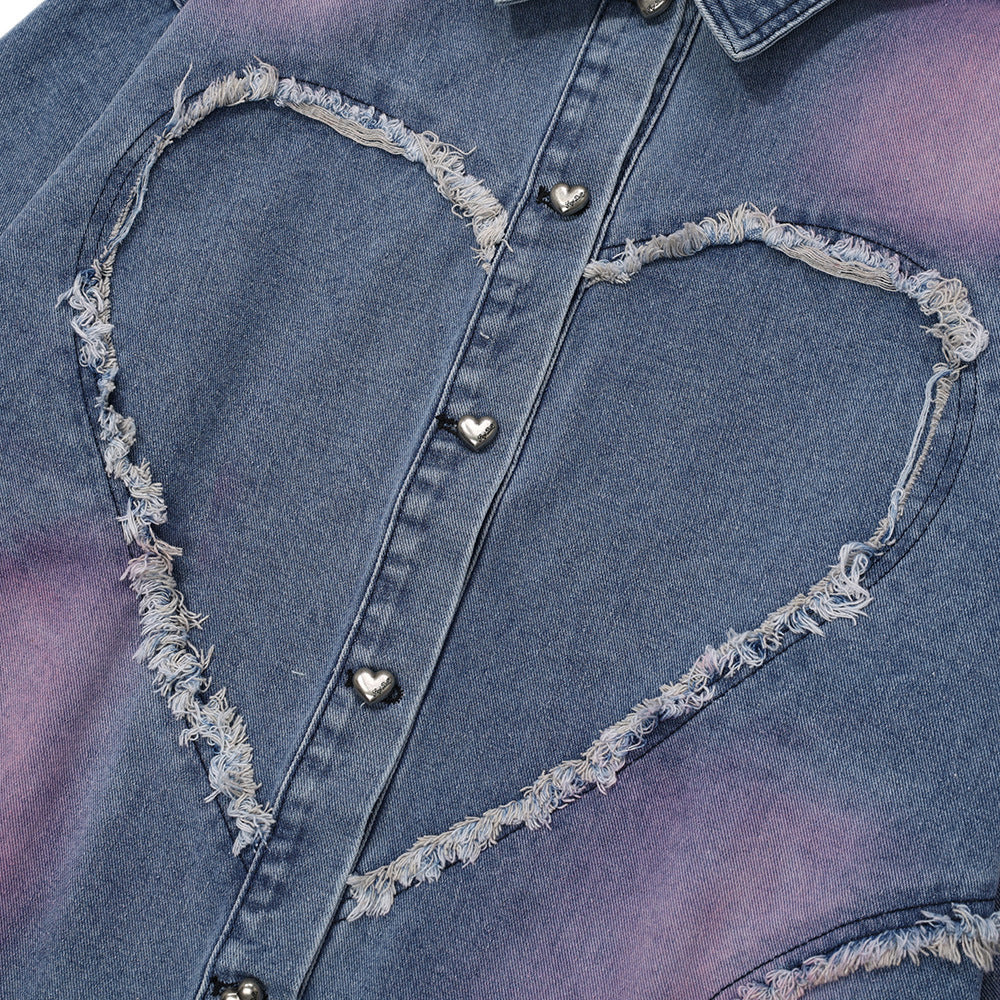 Giacca in denim con orlo sfrangiato multi-parte a forma di cuore